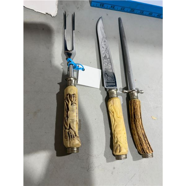 Anton Wingen carving set with carved stag antler handles Germany