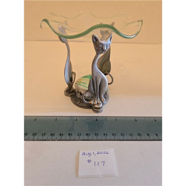 Pewter Three Cat Candle Holder with Glass Oil Holder