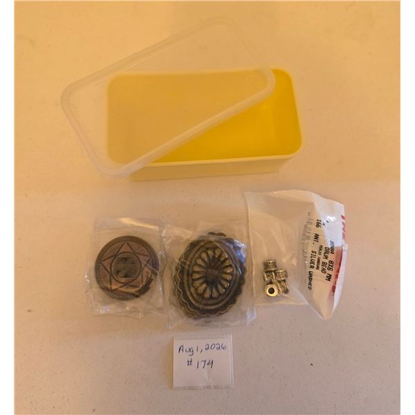 Two Styles of Conchos and Beads in Container