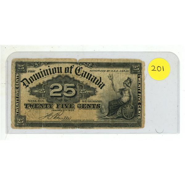 1900 Dominion of Canada 25 Cents Shinplaster.