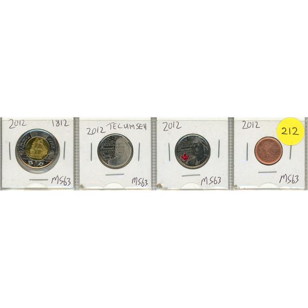 2012 Canada Proof Like Uncirculated Special Two Dollar, (2) Twenty Five Cents, One Cent Coins.