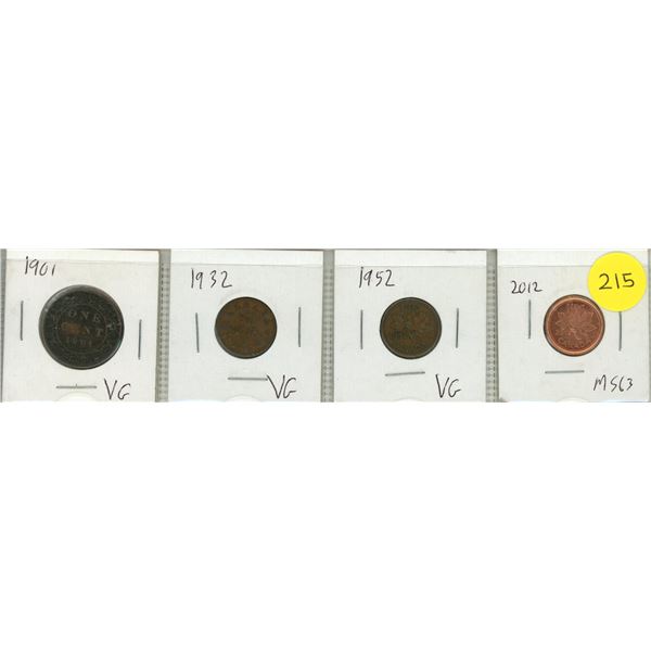 1901 Canada Large One Cent & 1932, 1952 and 2012 Canada Onbe Cents.