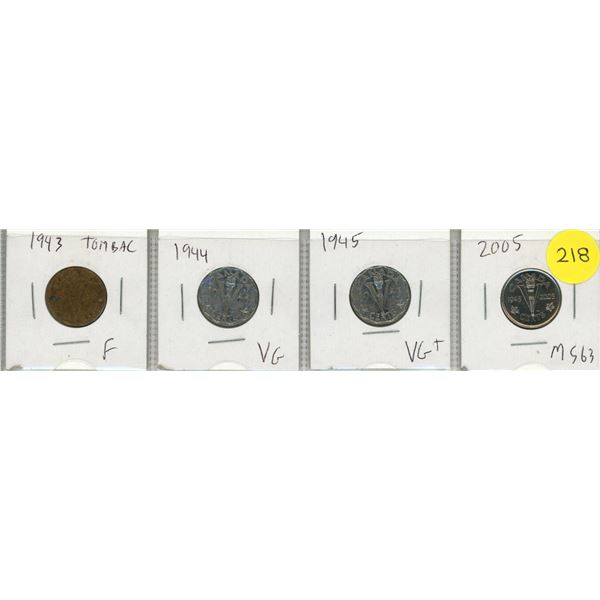 1943 Tombac, 1944, 1945 and 2005 Canada 5 Cents.