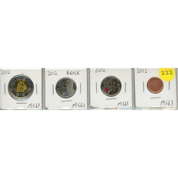 2012 Canada Proof Like Uncirculated Special Two Dollar, (2) Twenty Five Cents, One Cent Coins.