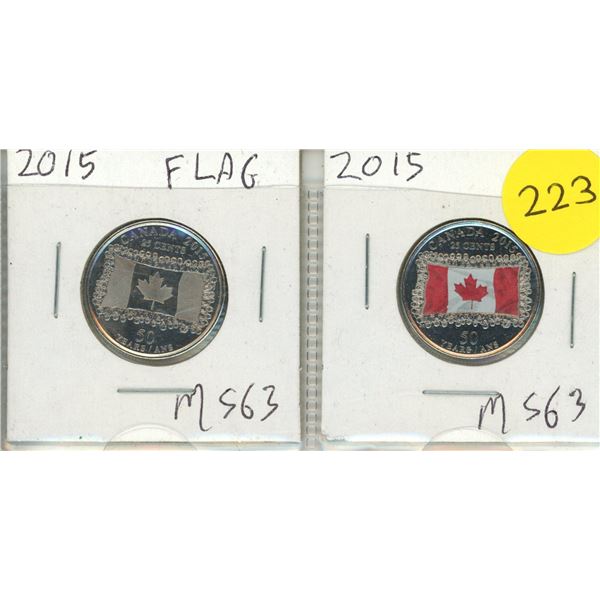 2015 Canadian 25-Cent Quarters - 50th Anniversary of the Canadian Flag Coloured and Uncoloured.