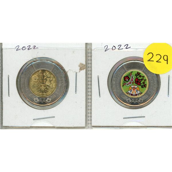 2022 Canadian Two Dollar -  Celebrating National Indigenous Peoples Day - Coloured and Uncoloured.