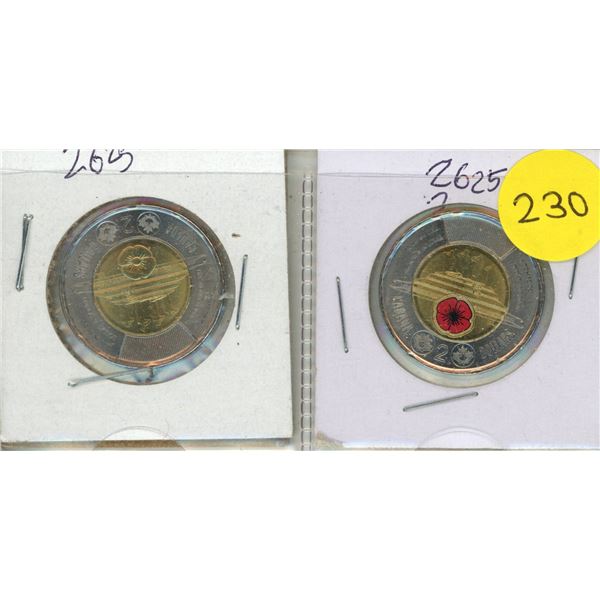 2025 Canadian Two Dollar - Commemorating the Unknown Soldier - Coloured and Uncoloured.
