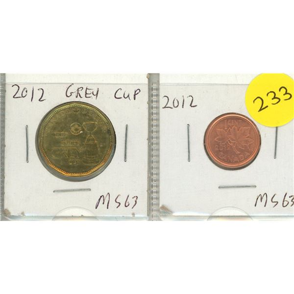 2012 Canadian 100th Anniversary of the Grey Cup and 2012 Canada One Cent.
