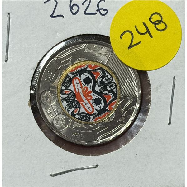 2020 Canadian $2 "Toonie" coin commemorating artist Bill Reid, featuring a colorized Haida Grizzly B