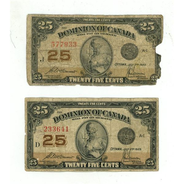 (2) 1923 Dominion of Canada 25 Cents Shinplaster.