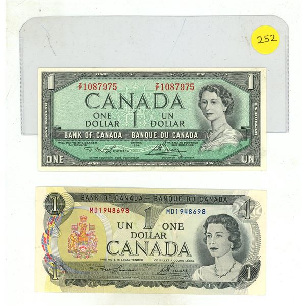 1954 and 1973 Bank of Canada Uncirculated One Dollar.