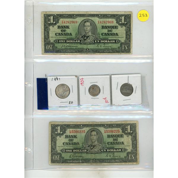 (2) 1937 Bank of Canada One Dollar, 1937 Canada Silver 25 Cents, Silver 10 Cents and 5 Cents.