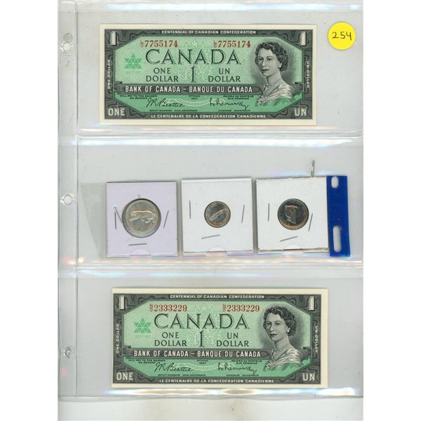 (2) 1967 Bank of Canada One Dollar (Uncirculated), 1967 Canada Silver 25 Cents, Silver 10 Cents and 