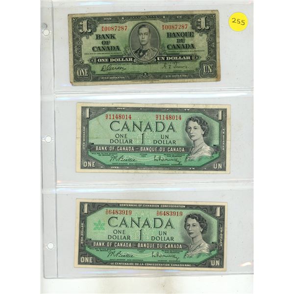 1937, 1954 and 1967 Canada One Dollar.