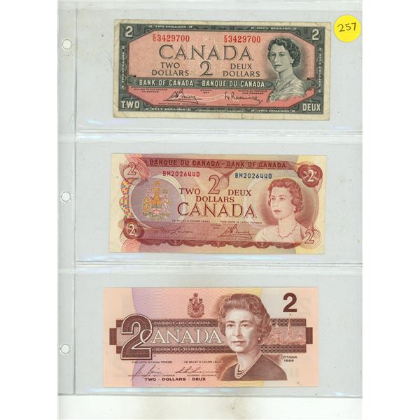 1954, 1974 and 1986 Canada Two Dollar.