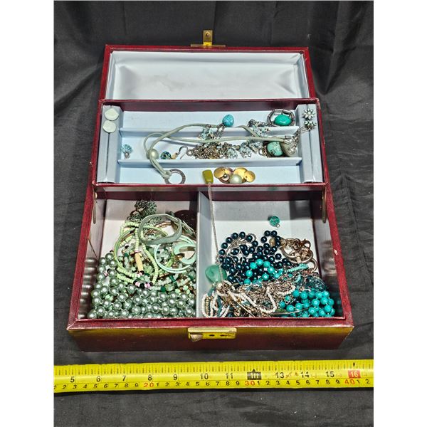 Jewelry Box with Turquoise Toned Fashion Jewelry (insert mechanism has some damage)