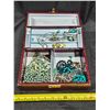 Image 1 : Jewelry Box with Turquoise Toned Fashion Jewelry (insert mechanism has some damage)