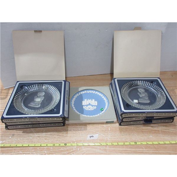 (6) 1978 First Edition Goebel Annual Crystal Glass Plate and (1) 1976 Wedgwood Christmas Plate
