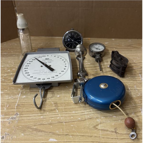 Lot of Assorted Items Dairy Scale, Milk Bottle, Retactable ClothesLine, and ECT