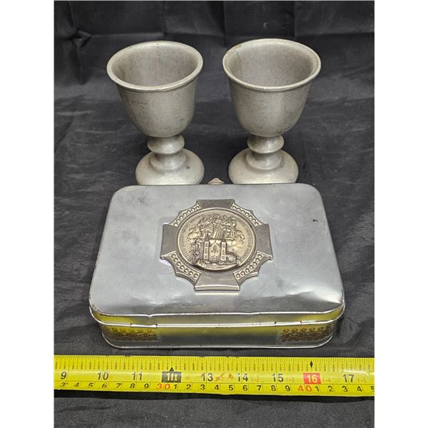 (2) Cast Aluminum Chalices & Religious Keepsake Tin w/ Collector Spoons, Pins, etc.