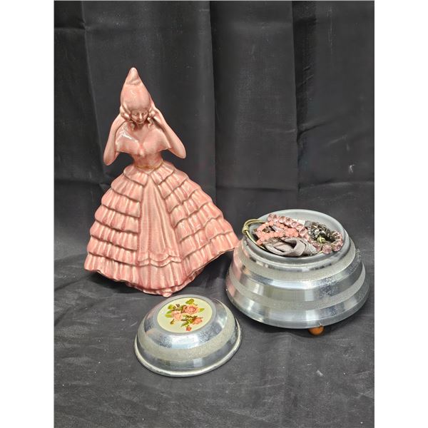 Vintage Pink Lady Figurine & Musical Trinket Box w/ Fashion Jewlery