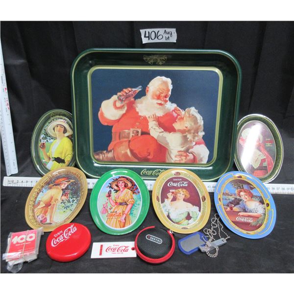 Vintage Coca Cola Tray, SantaClaus and 6 Small Coca Cola Chips Trays and 6 misc. ITEMS