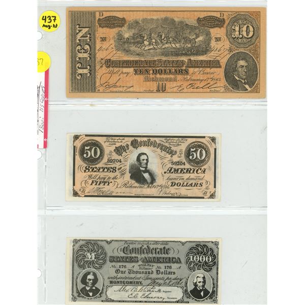3 US Repro Confederate Bills 1964