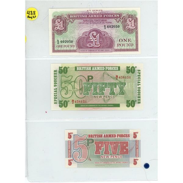 3 Uncirculated WWII British ARMED Force/one pound, 50 and 5