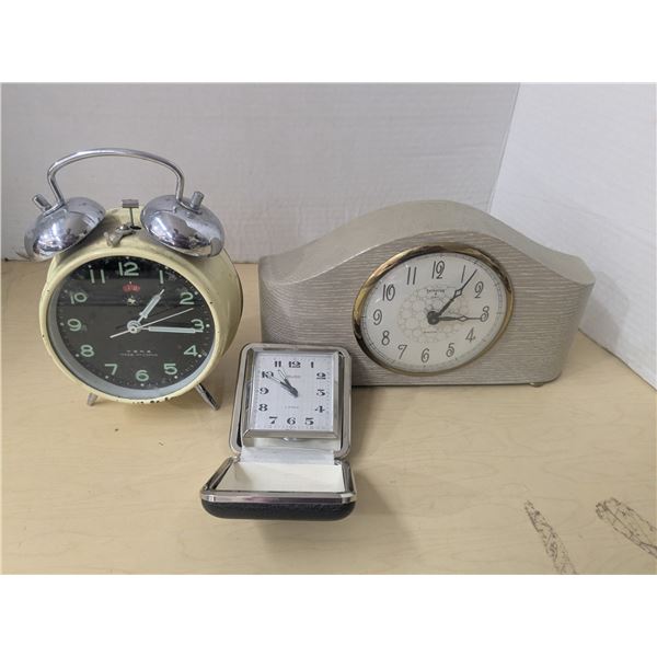 3 vintage clocks, mini black travel alarm works