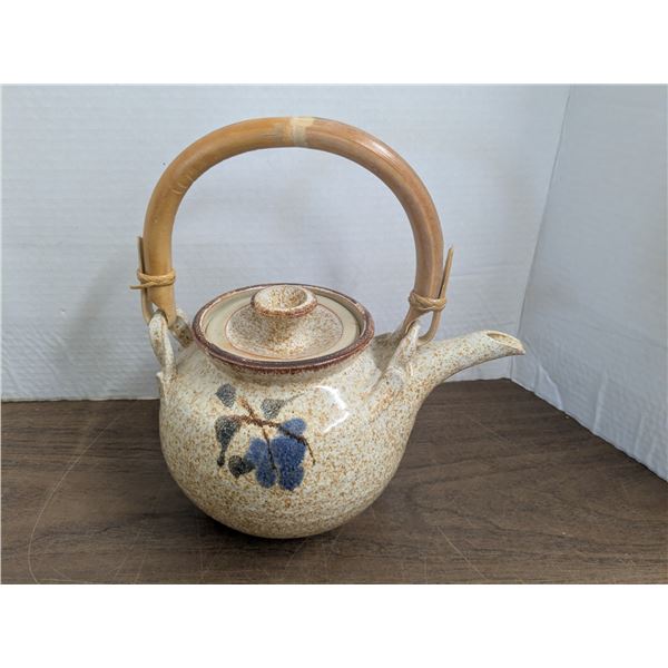 Glazed pottery tea pot, bamboo handle