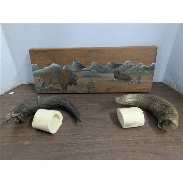 Buffalo painting with two bone pieces and 2 horns