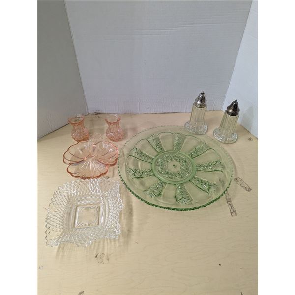 Mixed glass- salt and pepper shakers, green service tray with no base or handle, etc.