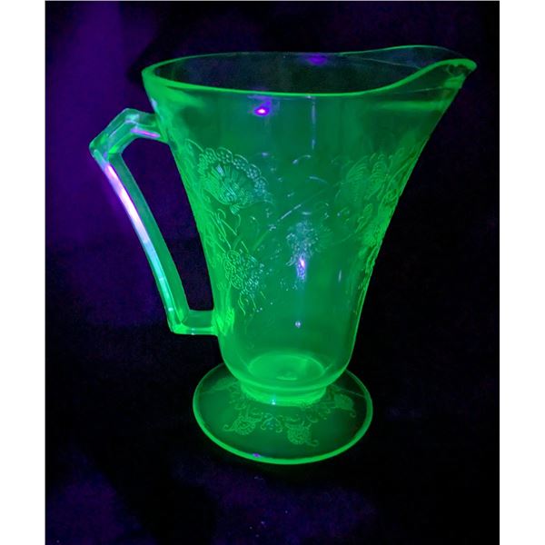 Vintage Uranium Glass pitcher, 7" tall, depression glass,