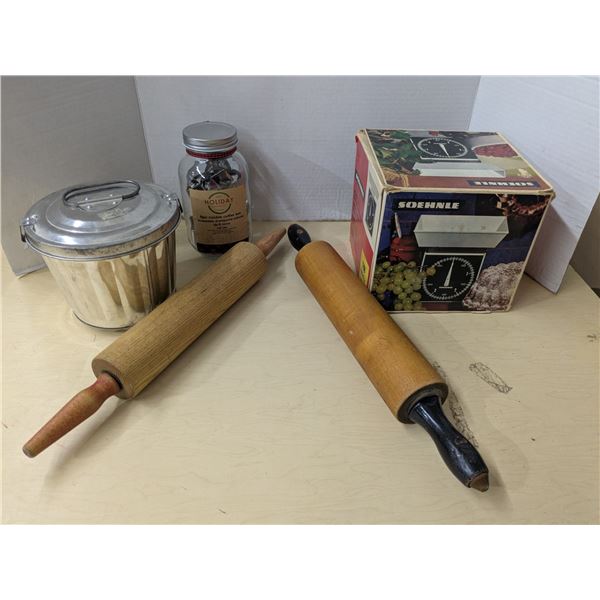 Kitchenware, pudding steamer, rolling pins, cookie cutters, scale