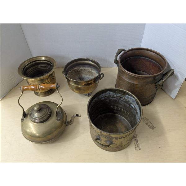Vintage brass and copper pots and kettle
