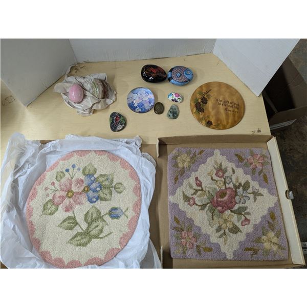 Decor, painted rocks, stone eggs, hand hooked seat covers,
