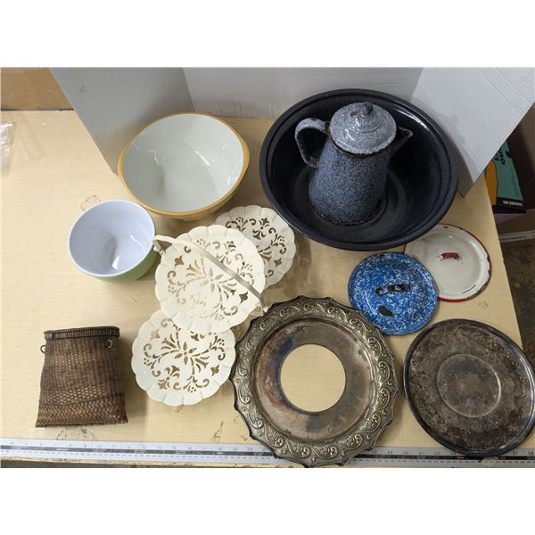 Vintage kitchenware, enamel ware, silver plated plate, folding 3 tier service tray, etc