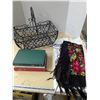 Image 1 : Powder coated steel basket with vintage books, and table clothes