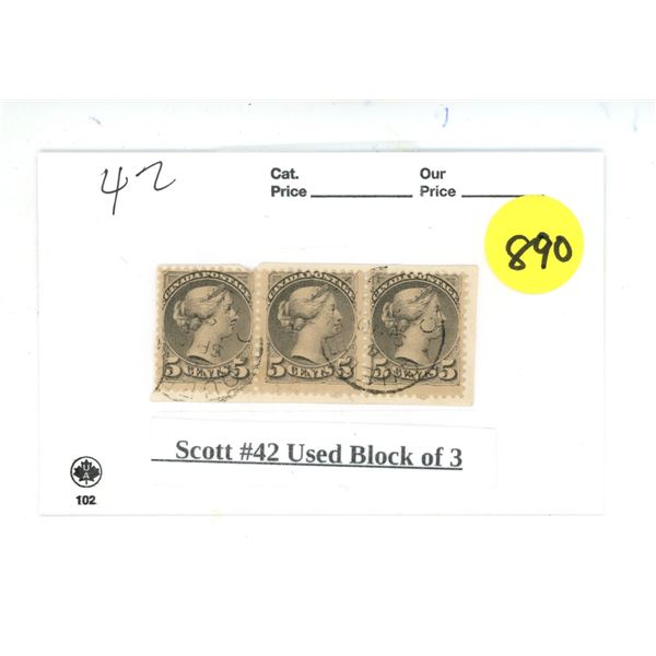 Canada Stamp - Scott #42 Used Block of 3