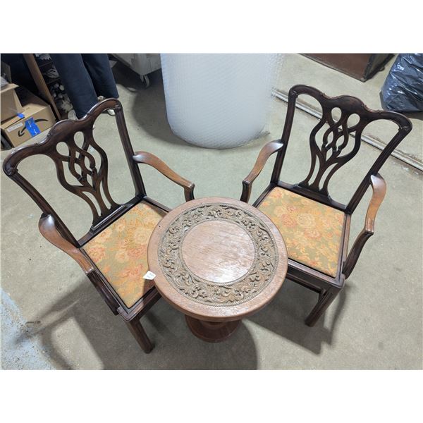 19.5" round carved table, with 2 wooden chairs