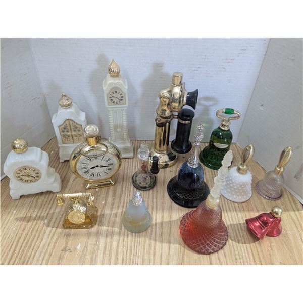 Vintage avon perfume bottles, bells, clocks, and phones
