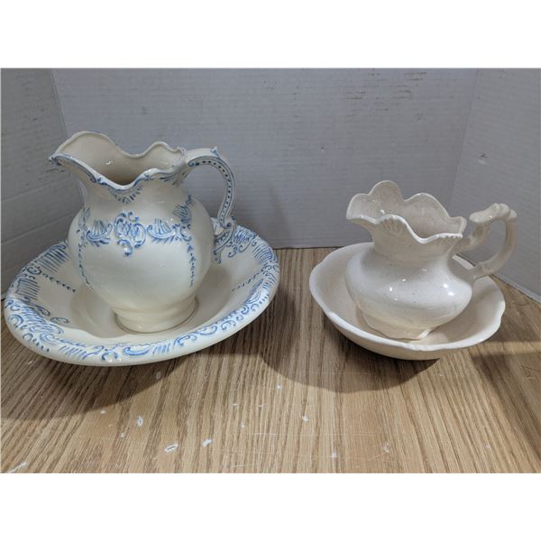 2 vintage clay wash basins with jugs