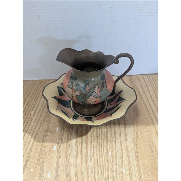 Painted brass wash basin with jug