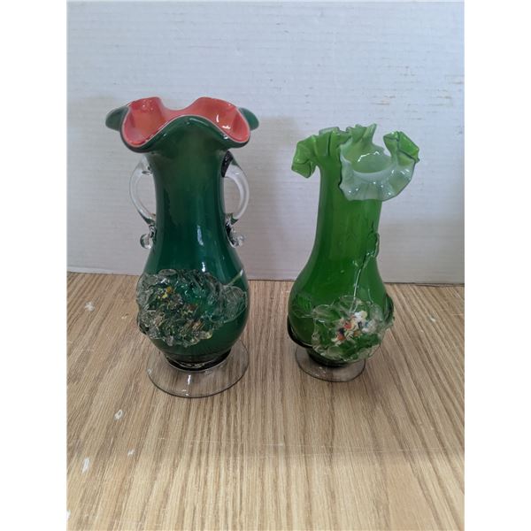 2 colored glass sculpted vases