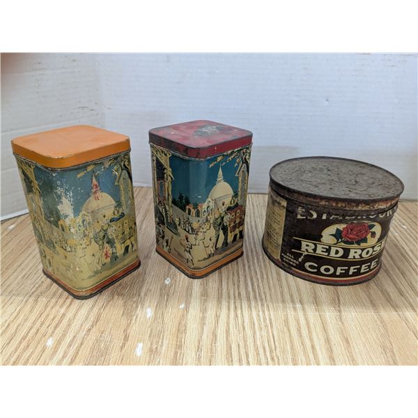 Vintage tins, red rose and lipton tea