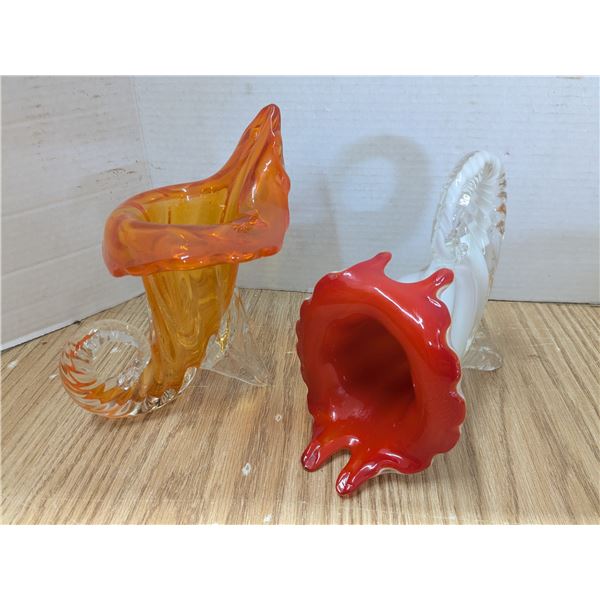 2 blown glass cornucopia vases