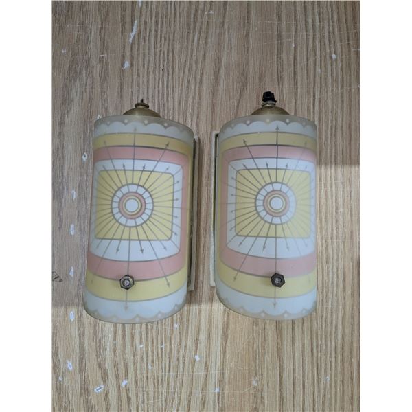 2 vintage painted glass wall sconce light fixtures