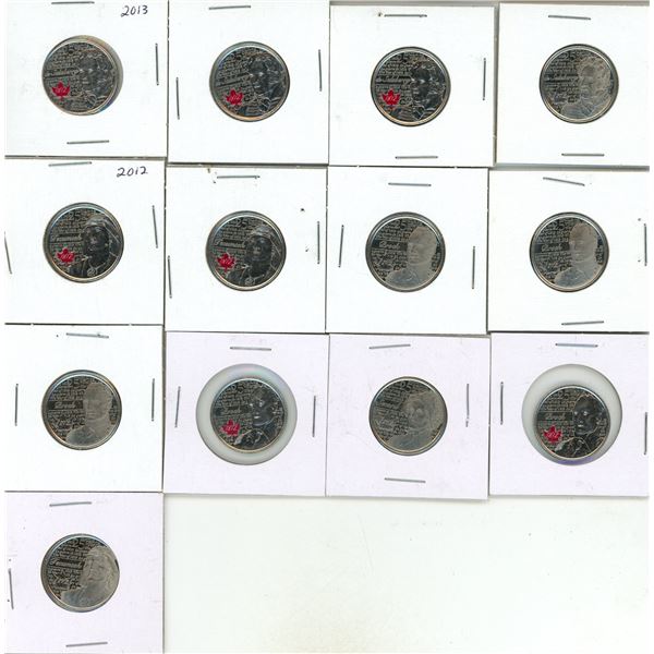 Canadian 25-cent commemorative quarters issued by the Royal Canadian Mint between 2012 and 2013 to m