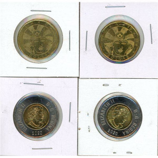 (2) 2019 Canadian  Equality  commemorative one-dollar coins and (2) 2020 Canada Proof Like Two Dolla