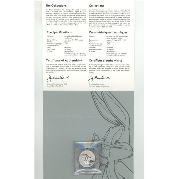 2015 Bugs Bunny $20 for $20 Fine Silver Coin issued by the Royal Canadian Mint.